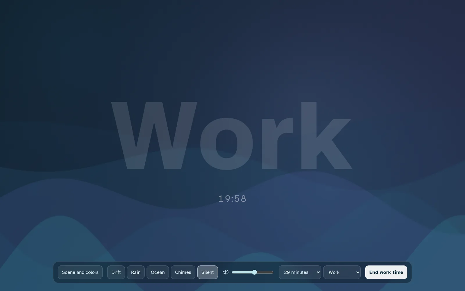 Ambient work mode: the word Work over slow blue waves with a twenty minute countdown.