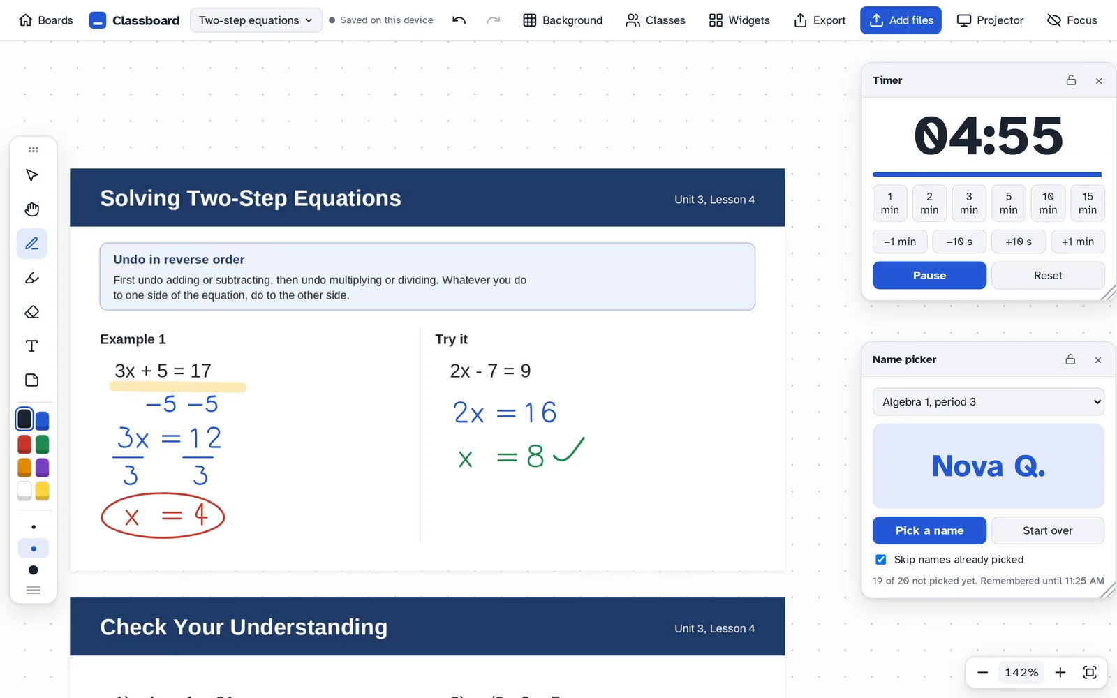 A Classboard lesson: a slide on two-step equations with handwritten work in blue and red ink, a running five minute timer, and a name picker showing a student's name.