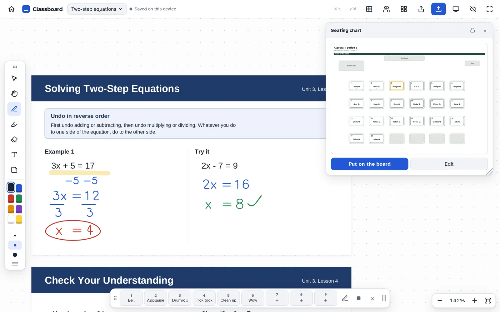 A lesson board with a seating chart card and a row of sound board keys labeled Bell, Applause, and Drumroll.