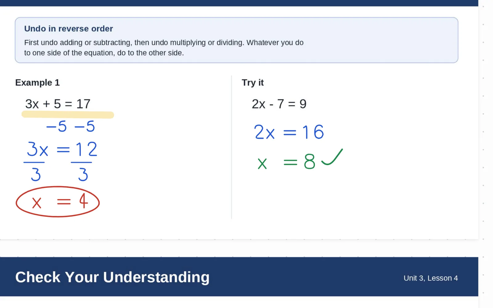 Handwritten steps solving 3x plus 5 equals 17 on an imported slide.